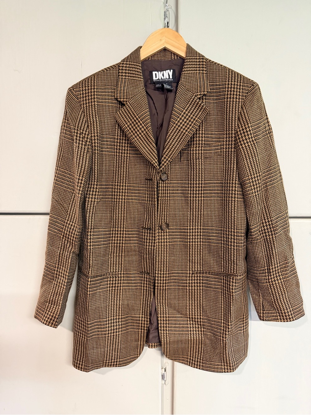Vintage DKNY Wool Cashmere Glen Plaid Blazer Jacket Brown Size 2